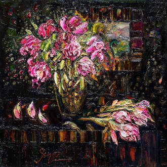 Piwonie, 100 cm x 100 cm - Katarzyna Seyfried